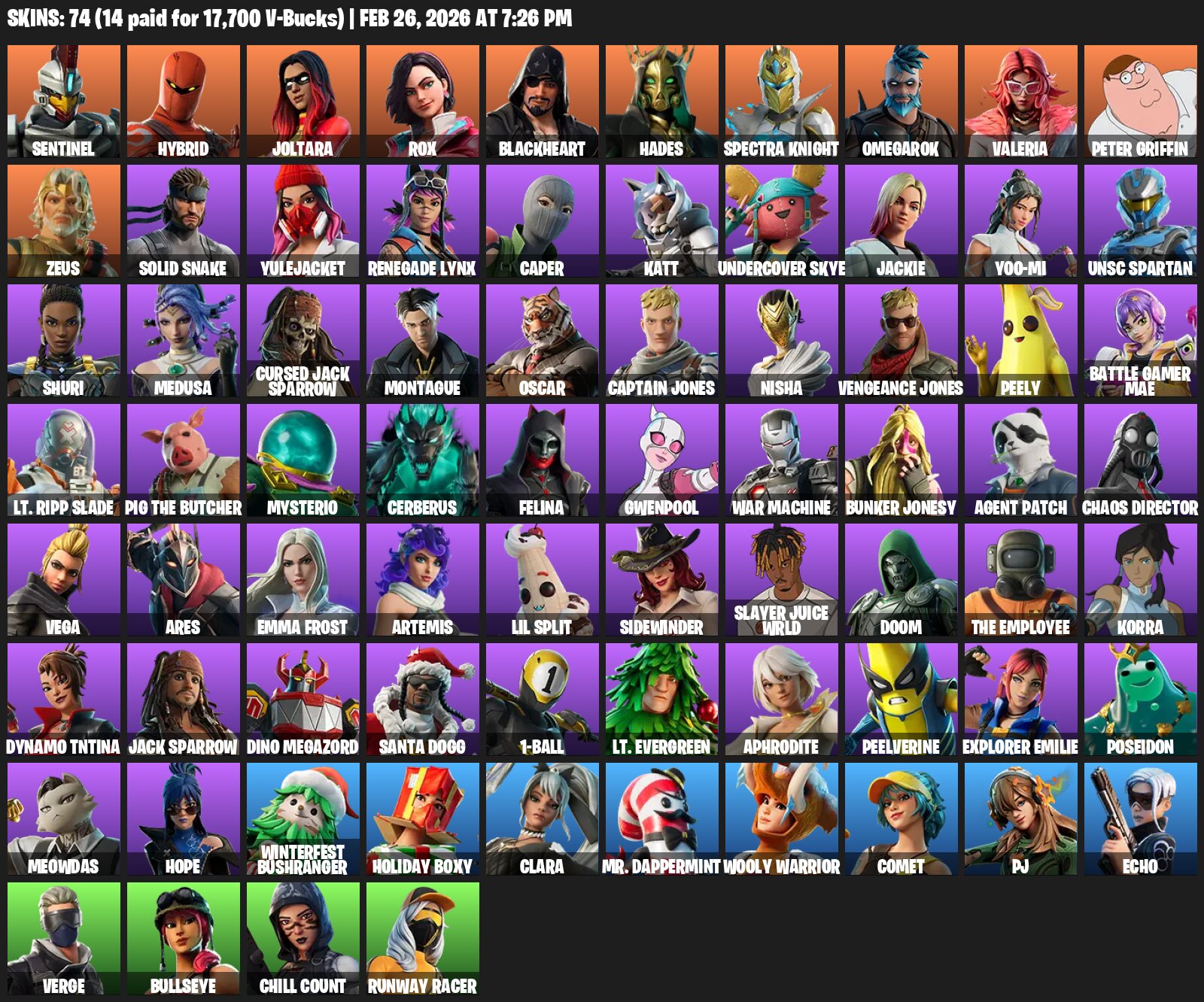 (Purchased account) 74 Skins Merry Mint Ax Sentinel Hybrid Joltara Rox Blackheart Hades Spectra Knight 74 skins